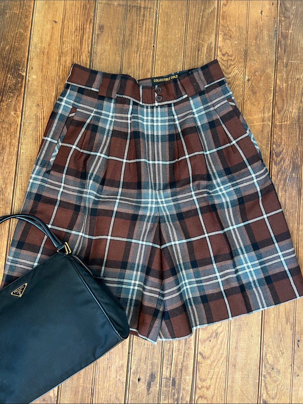 Vintage 80s Brown Plaid Women's Skirt Shorts Wool